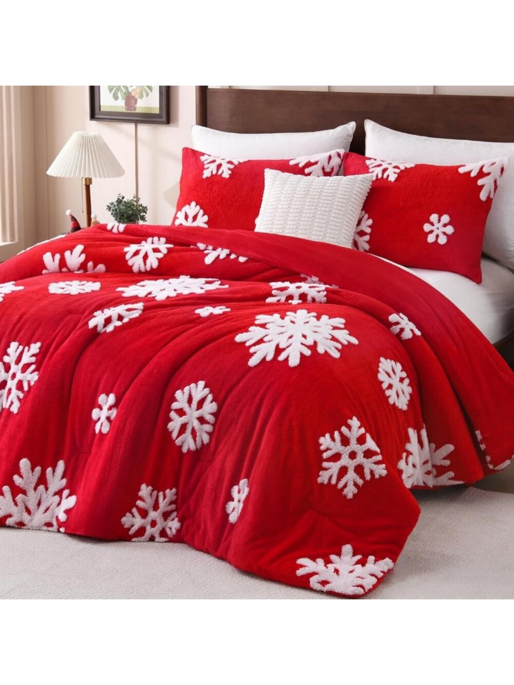 Cozy Red Snowflake Queen Comforter Set | Fluffy Jacquard Holiday Bedding